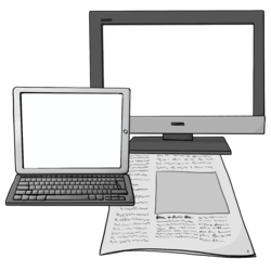 Ein Computer-Bildschirm, ein Laptop und eine Zeitung