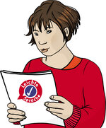 Eine Frau hält ein Heft mit der Überschrift Leichte Sprache.