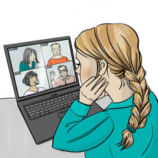 Eine junge Frau nimmt an einem Treffen im Internet teil.